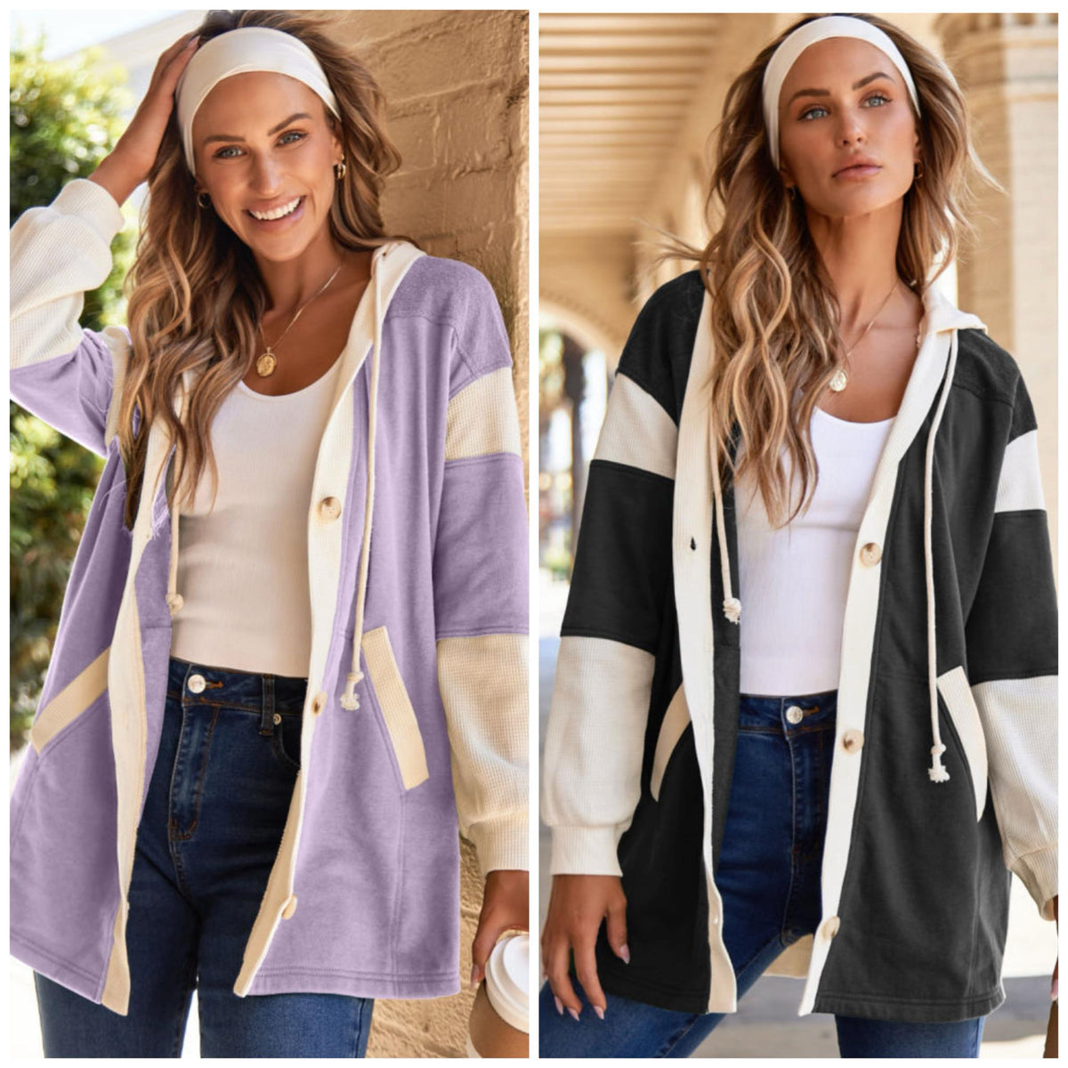 #00705 Waffle knit hooded cardigan
