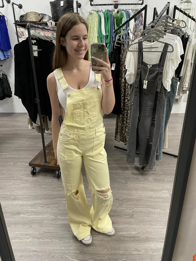 Pale Yellow Front Patch Wide Leg Overalls