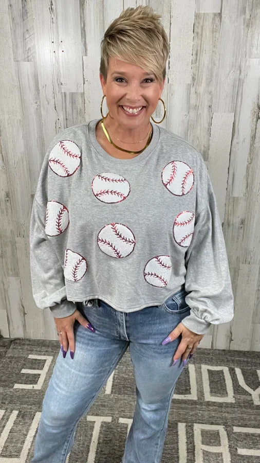 Sequin Baseball Crop Sweatshirt