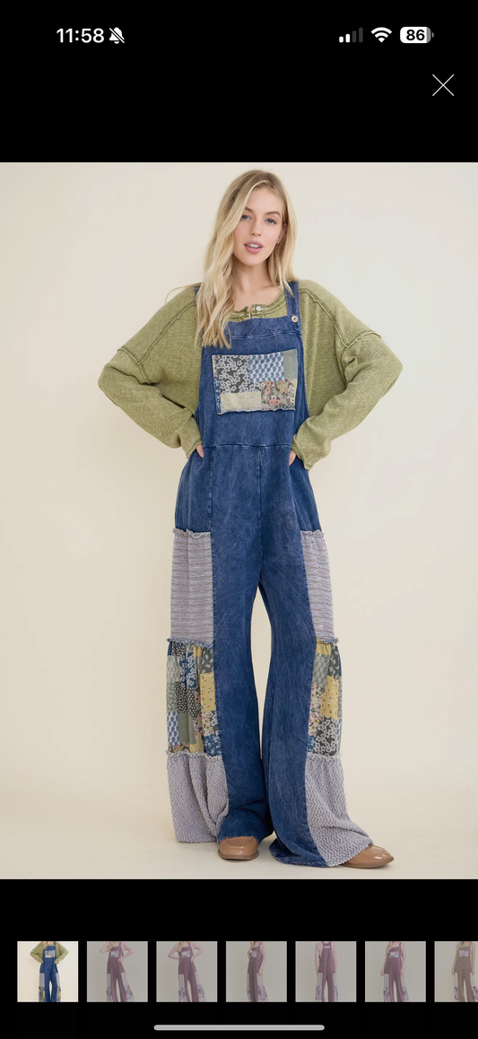 J Her patchwork overalls