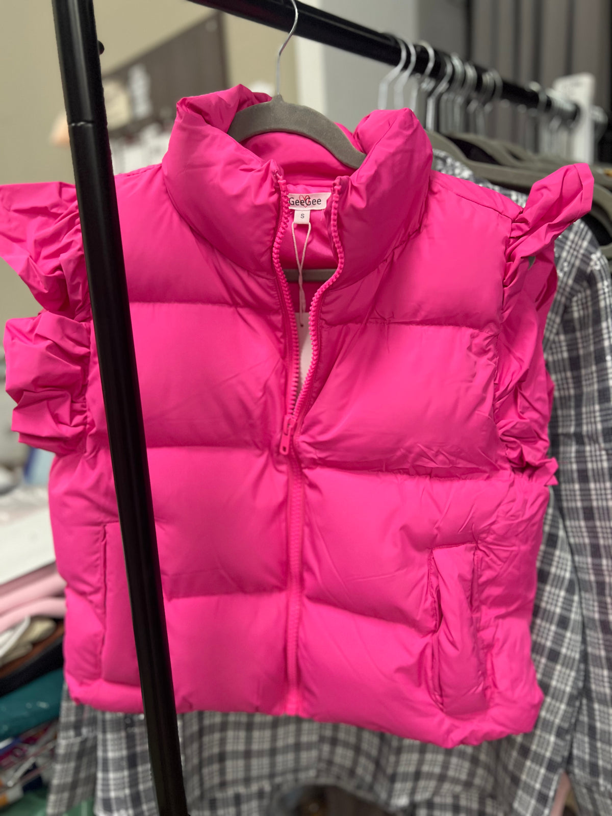 Hot Pink Ruffle Puffer Vest