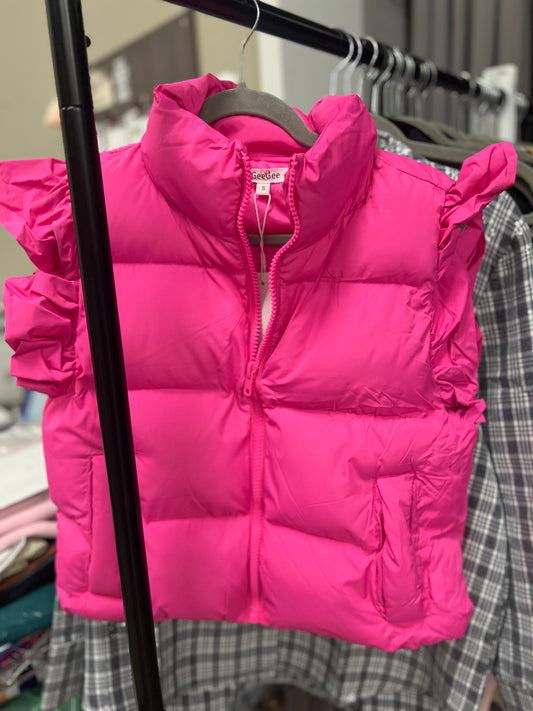 Hot Pink Ruffle Puffer Vest