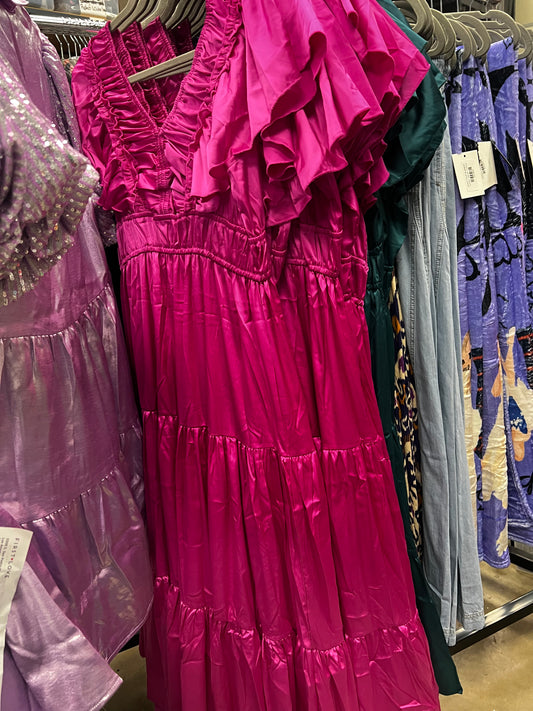Satin Smocked Flutter Sleeve Maxi