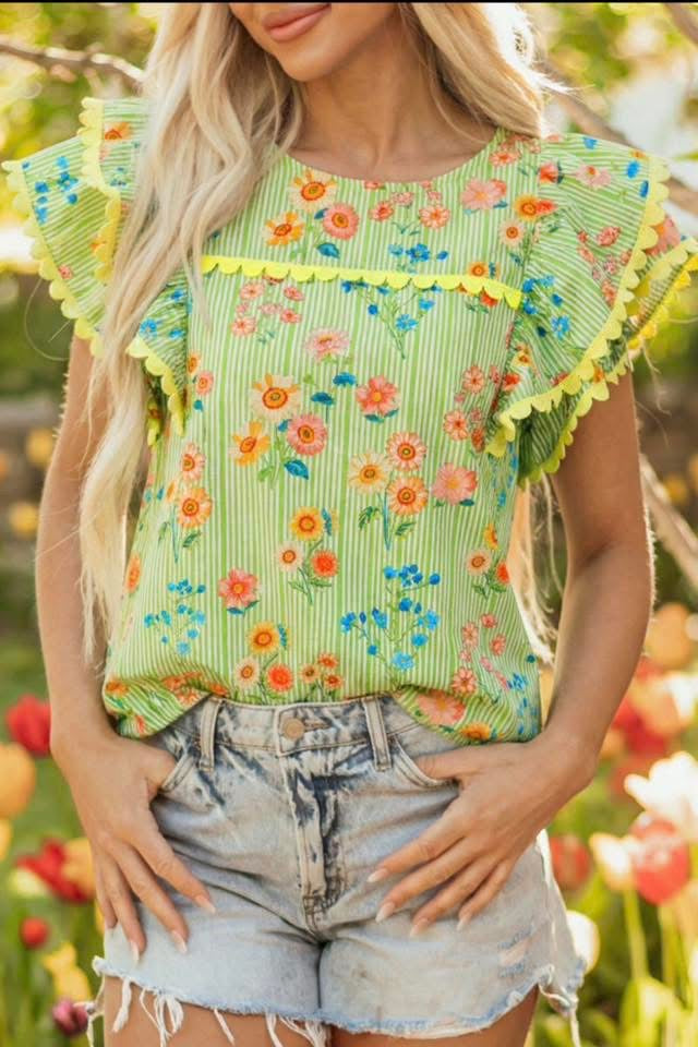 #01045 The Floral Edit green top