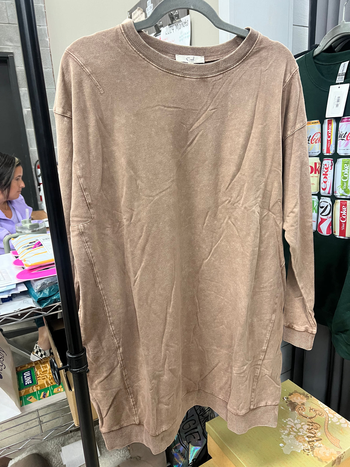 Long Sleeve Mineral Washed Shirt Dress