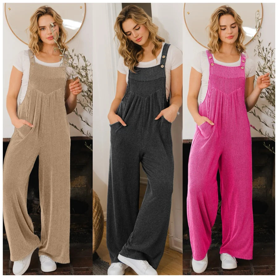 Wide Leg Ribbed Overalls