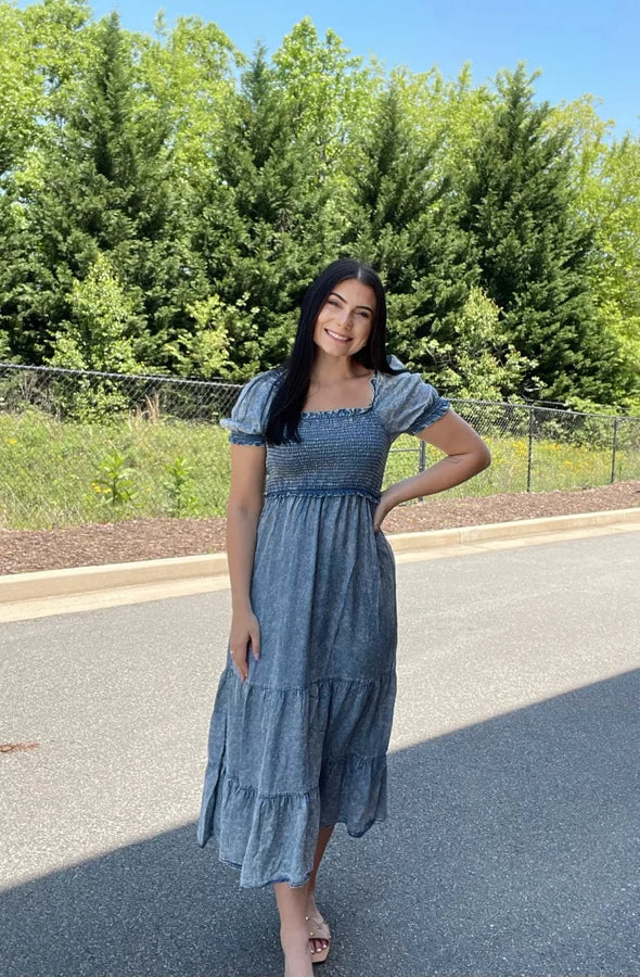 Smocked Denim Maxi