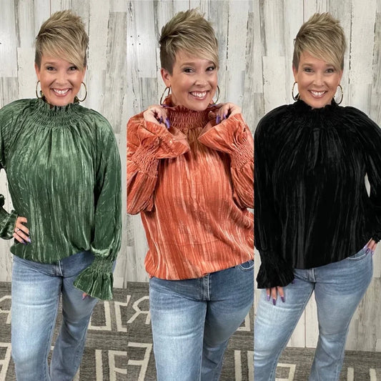 Velvet Smocked High Neck